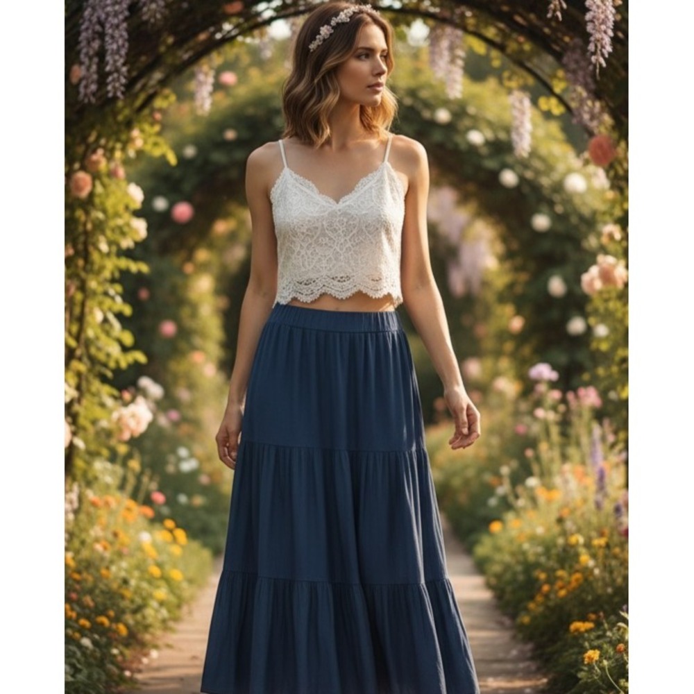 Double Take L Midi Skirt Blue Tiered Jersey Pull On Boho Cottage Fairy Prairie